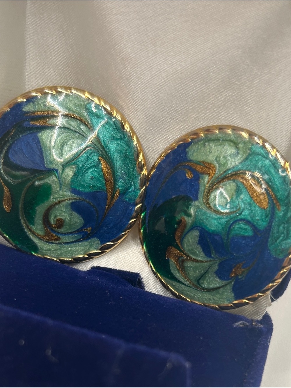 Gold-Trim Green & Blue Enamel Dome Round Earrings - Women Jewelry - Picture 7 of 9